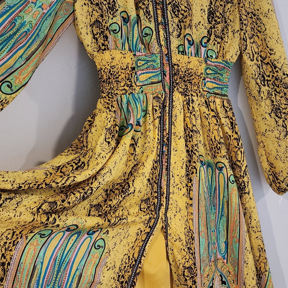 Gracia Womens Size M boho multicolor maxi dress animal print slit barrel sleeve